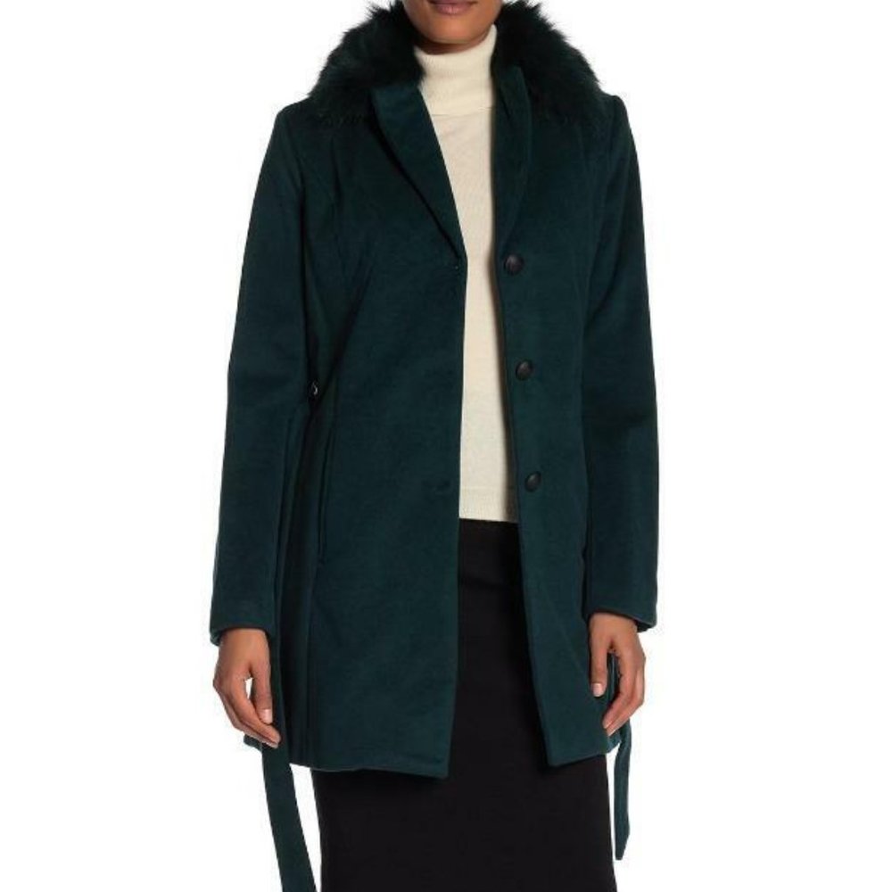 NEW Andrew Marc Women Detachable Fox Fur Collar Wool Blend Peacoat Deep Emerald